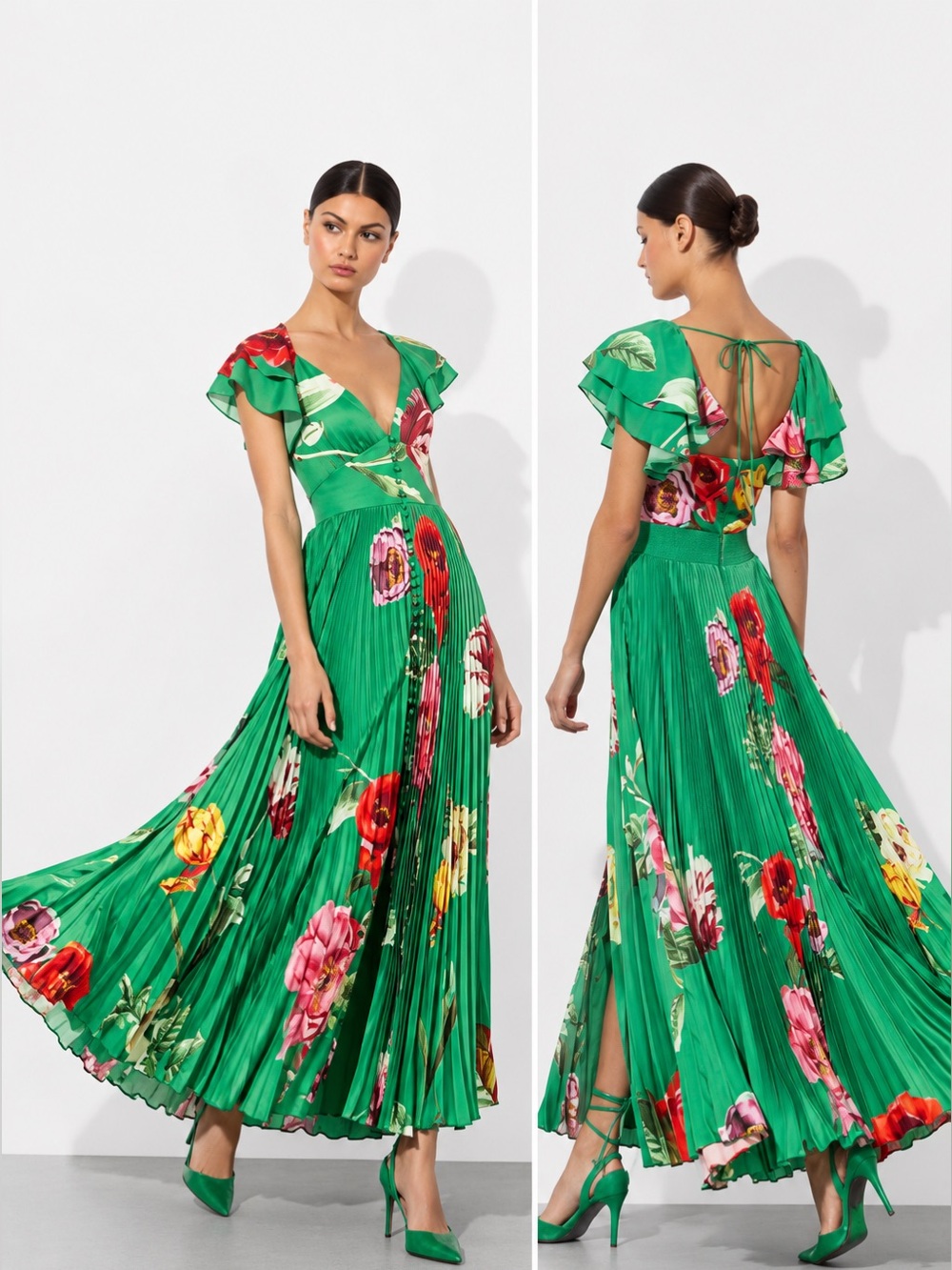 Alice + Olivia Halia Floral Green Pleated Maxi Dress Size 6 NWT Gorgeous Gown
